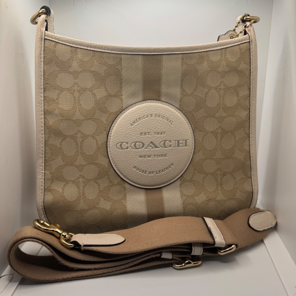 Coach House of Leather Beige Signature Canvas Stripe Crossbody Bag Purse